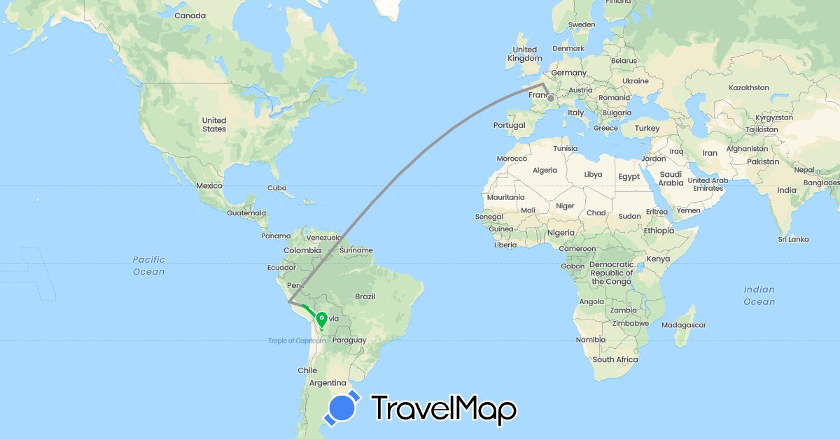 TravelMap itinerary: driving, bus, plane, hiking, boat in Bolivia, France, Peru (Europe, South America)